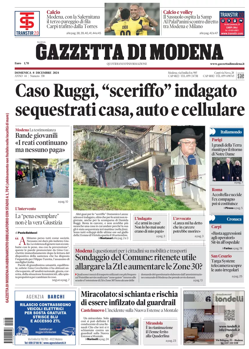 Prima-pagina-gazzetta di modena-oggi-edizione-del-2024-12-08